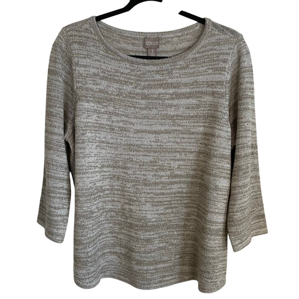 Chico’s Pullover Sweater Sz L Marled Beige Tan Shimmery Metallic Neutral